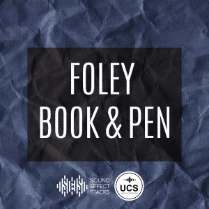 Textured, crumpled blue background with a central black rectangle showing "FOLEY BOOK & PEN" in white; Sound Effect Stacks and UCS logos below.