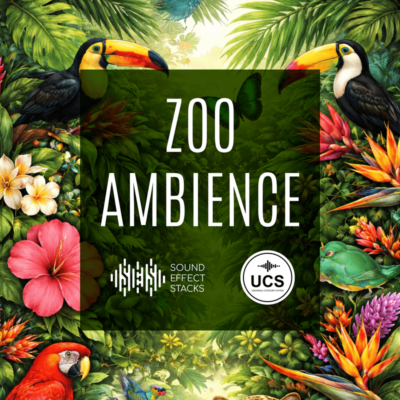 Colorful illustration featuring tropical birds, flowers, and green leaves with "Zoo Ambience" in large white letters; Sound Effect Stacks and UCS logos at the bottom.