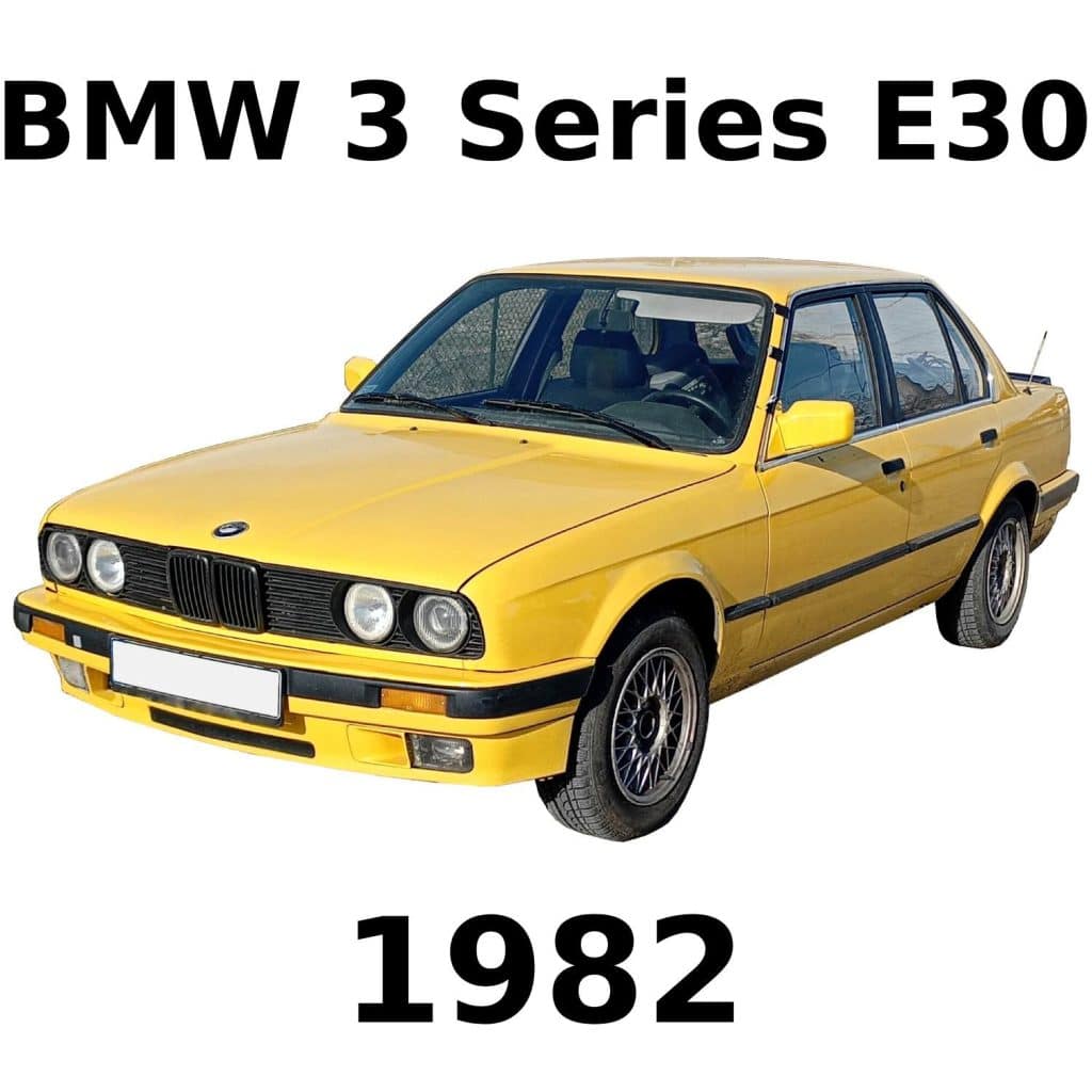 Yellow 1982 BMW 3 Series E30 sedan on white background, with "BMW 3 Series E30" and "1982" in large black text above and below.