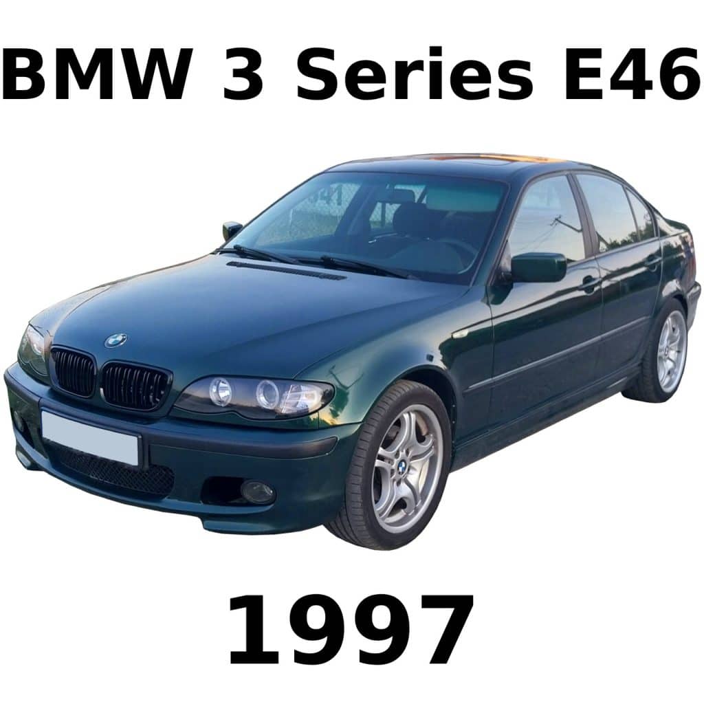 Dark green 1997 BMW 3 Series E46 sedan at a front-side angle, with "BMW 3 Series E46" and "1997" text above and below on white background.