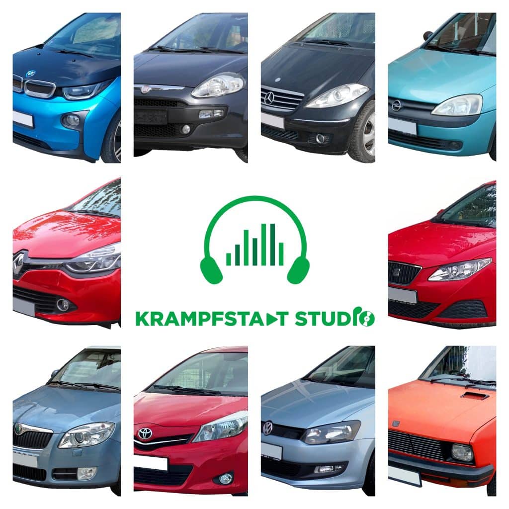 Ten car front views in various colors and models encircle the green "KRAMPFSTADT STUDIO" logo with headphones and soundwave.