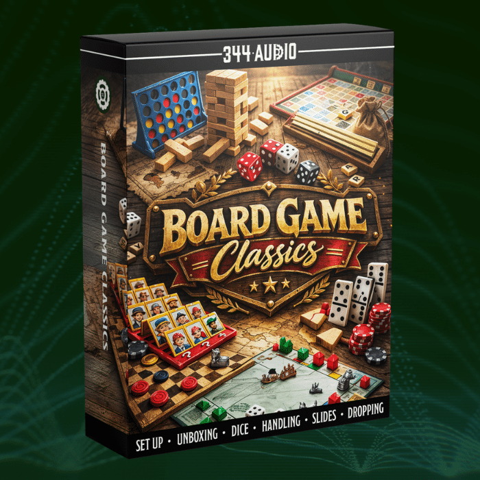 Box labeled "Board Game Classics" with illustrations of classic games, dice, cards, tokens; cover text includes "344 Audio.