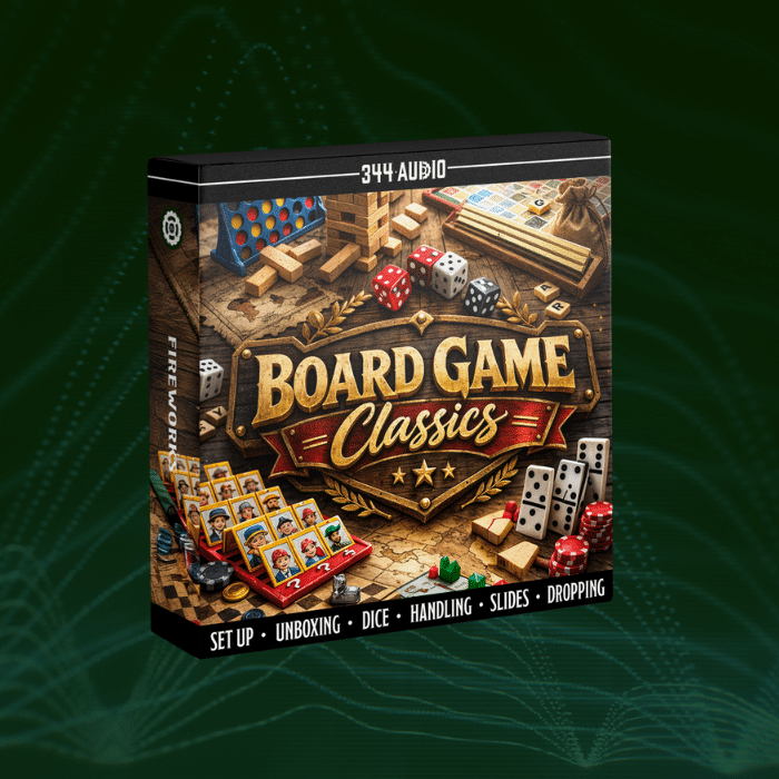 Box labeled "Board Game Classics" featuring dice, pegs, cards, and wooden pieces; text below: set up, unboxing, dice, handling, slides, dropping.