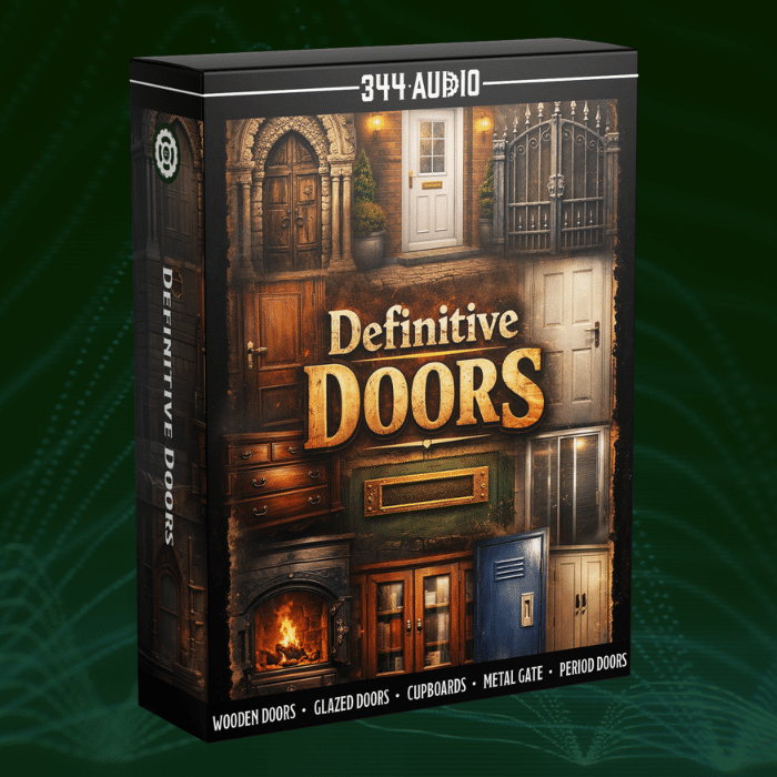 Product box labeled "Definitive Doors" displaying wooden, metal, glazed, and period doors. Box text lists doors and cupboards.