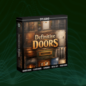 Product box labeled "Definitive Doors" by 344 Audio, showing various door styles. Dark green background with wave-like patterns.