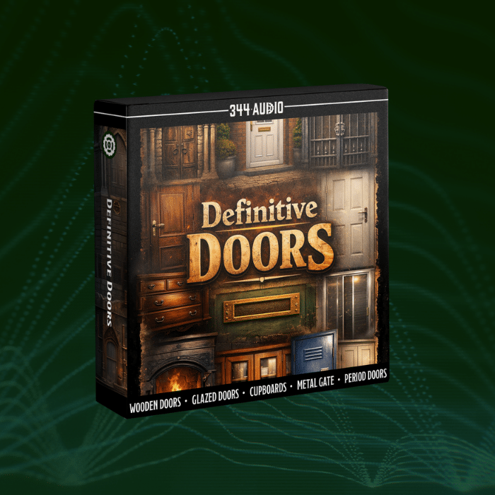 Product box labeled "Definitive Doors" by 344 Audio, showing various door styles. Dark green background with wave-like patterns.