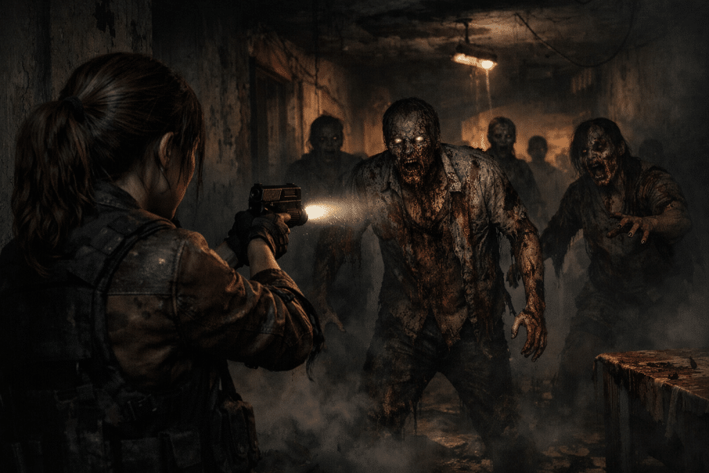 A person in tactical gear aims a gun at several decaying zombies in a dark, damaged hallway filled with smoke and scattered debris.
