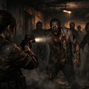 A person in tactical gear aims a gun at several decaying zombies in a dark, damaged hallway filled with smoke and scattered debris.