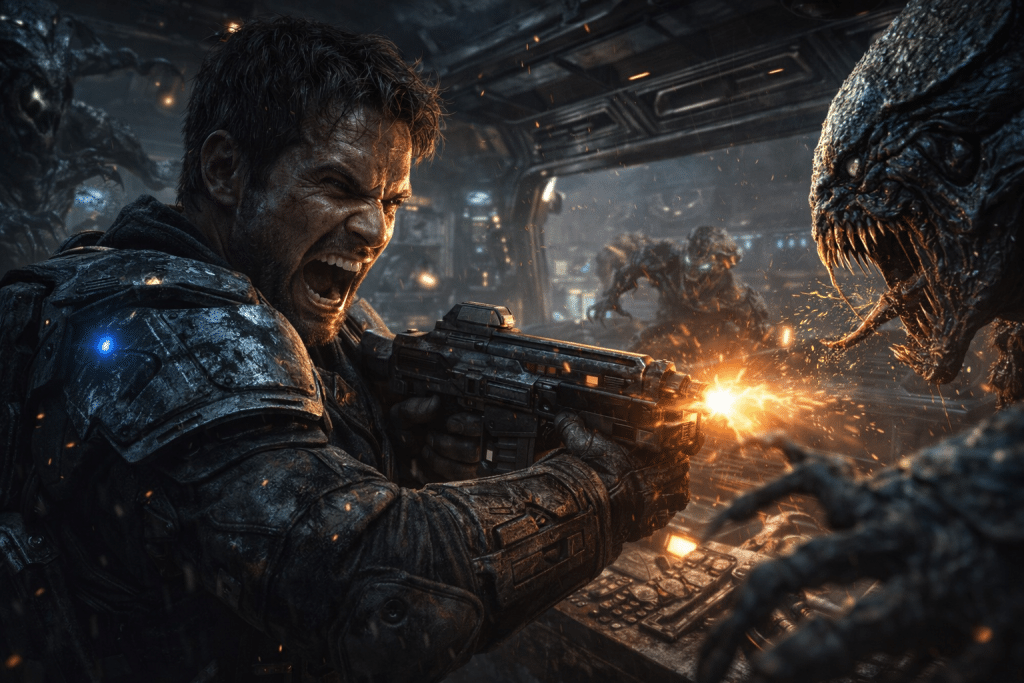 A soldier in futuristic armor fires a gun at alien creatures inside a dark metallic spaceship, with sparks and chaos surrounding them.