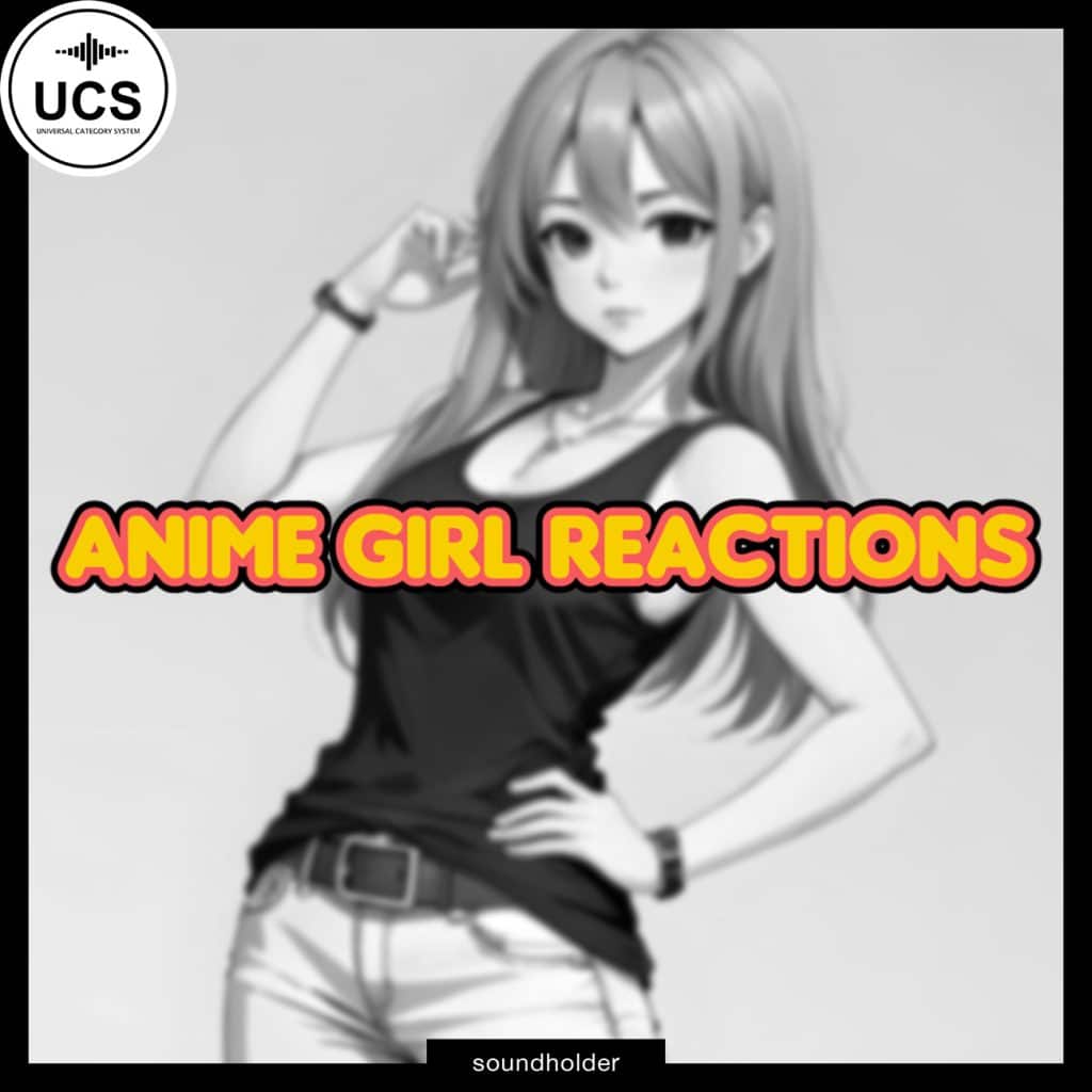 Grayscale illustration of an anime girl with long hair in a sleeveless black top and shorts, with "ANIME GIRL REACTIONS" text and UCS, soundholder logos.