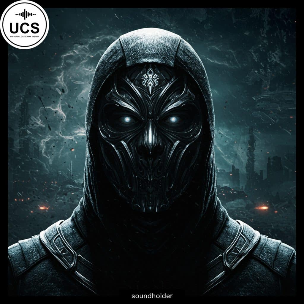 A hooded figure in dark armor and an ornate metallic mask with glowing eyes stands before a stormy cityscape. UCS logo top left.