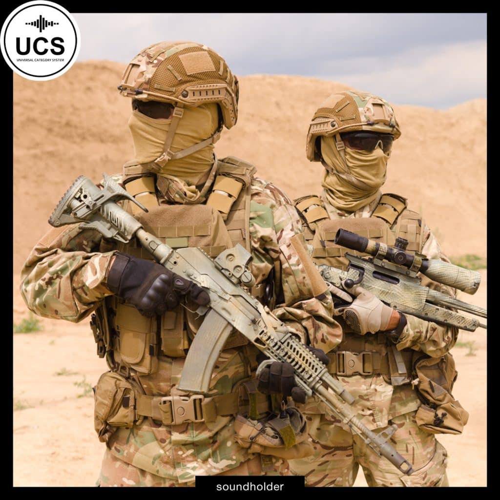Two armed soldiers in camouflage and tactical gear stand alert, holding rifles in a desert setting, with helmets and face coverings.