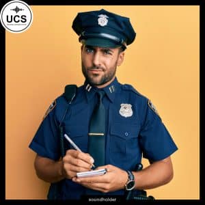 A uniformed police officer stands against a yellow background, holding a notepad and pen, wearing a hat, tie, radio, and badge.