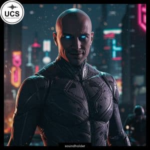 A bald cyborg with glowing blue eyes and detailed metallic armor stands in a neon city at night. UCS logo top left, "soundholder" bottom.