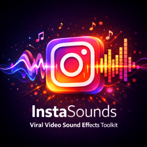 The Instagram logo is surrounded by colorful sound waves, music notes, and audio bars, with "InstaSounds Viral Video Sound Effects Toolkit" below.