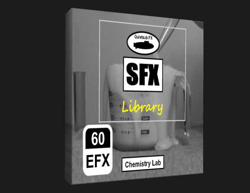 3D-rendered "SFX Library" box featuring a foaming liquid overflowing from a measuring cup, with "60 EFX" and "Chemistry Lab" text. Black and white design with yellow accents.