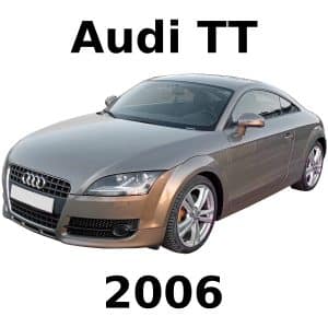 2006 Audi TT sports coupe viewed from a front-side angle on a white background, large black text above and below reads "Audi TT" and "2006.