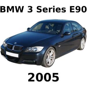 Black BMW 3 Series E90 sedan from 2005 on a white background, with "BMW 3 Series E90" above and "2005" below the car.