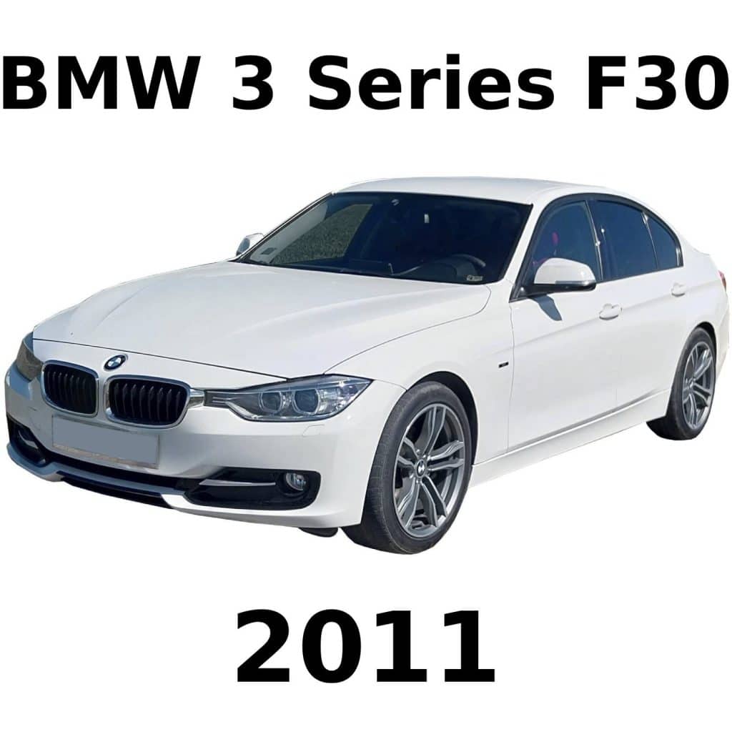 White BMW 3 Series F30 sedan shown from front left, with bold black text above and below: "BMW 3 Series F30" and "2011".