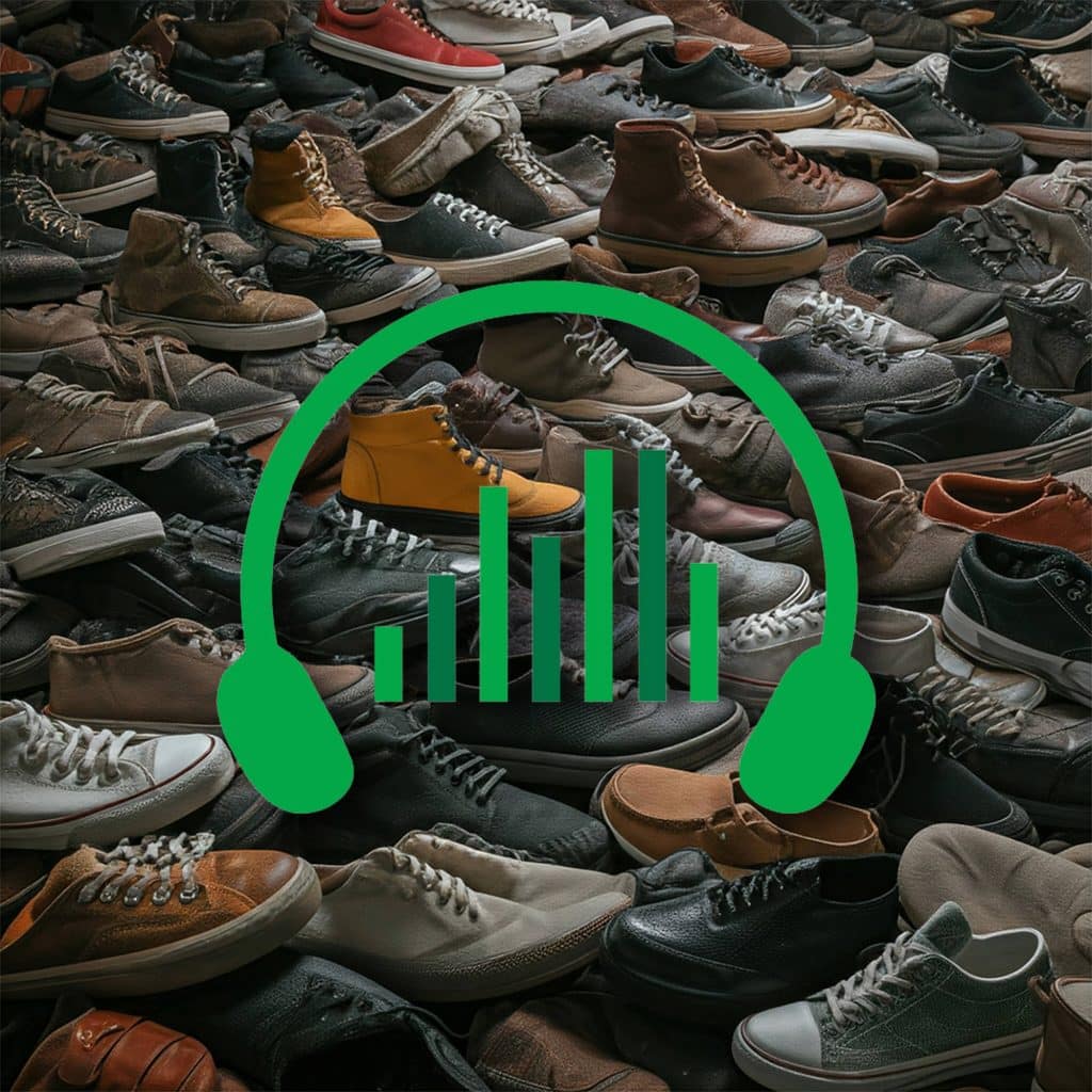 Assorted shoes arranged closely together with a green graphic of headphones and soundwave bars overlaid, symbolizing audio.
