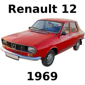 Red Renault 12 sedan from 1969 on a white background, "Renault 12" above and "1969" below in bold black text.