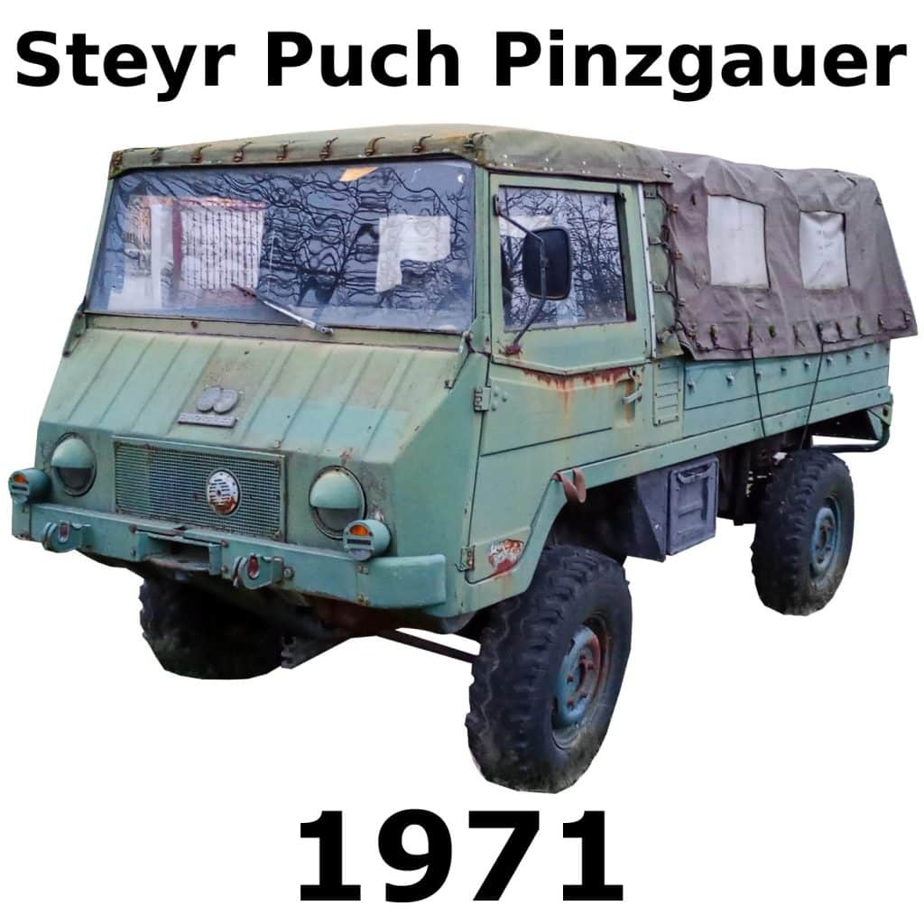 Green 1971 Steyr Puch Pinzgauer military vehicle with canvas roof, rugged tires, and wear, isolated on white background with labeling.