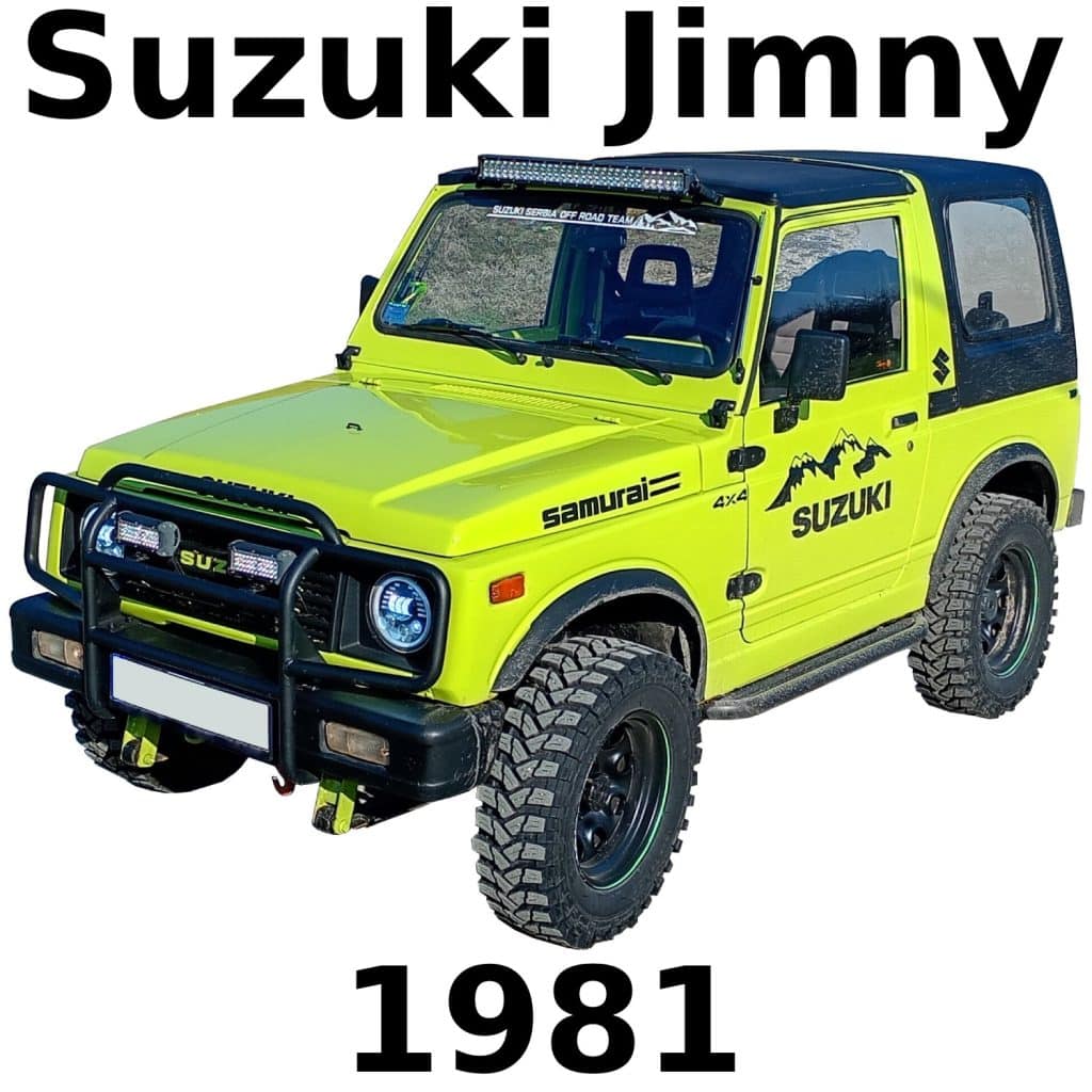 Bright yellow 1981 Suzuki Jimny 4x4 with black accents, off-road tires, roof light bar, bumper guard, and decals, front-side angle. Text "Suzuki Jimny 1981" above and below.
