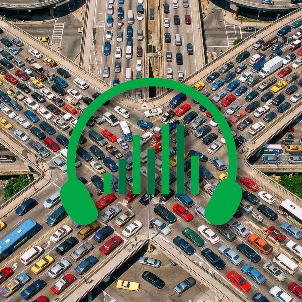 Aerial view of a congested multi-level highway interchange with heavy car traffic, overlaid with a green headphone and soundwave icon.