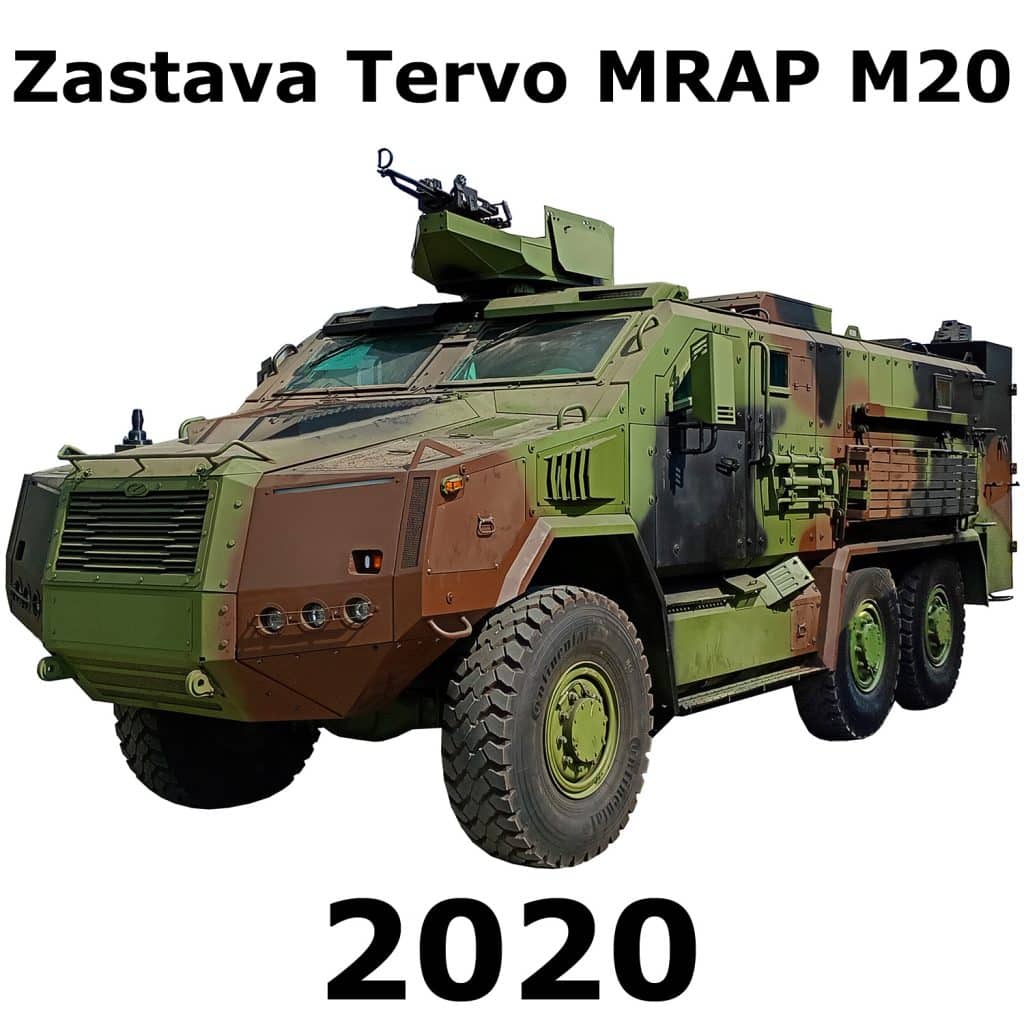 Green and brown Zastava Tervo MRAP M20 armored vehicle with mounted gun, six large wheels, angular armor; text "2020" below.