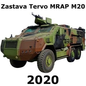 Green and brown Zastava Tervo MRAP M20 armored vehicle with mounted gun, six large wheels, angular armor; text "2020" below.
