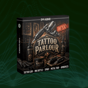 Box with "Tattoo Parlour" branding, showing tattoo gun, ink bottle, balm, gloves, and vintage decor on dark green with light waves. Text lists included items and effects.