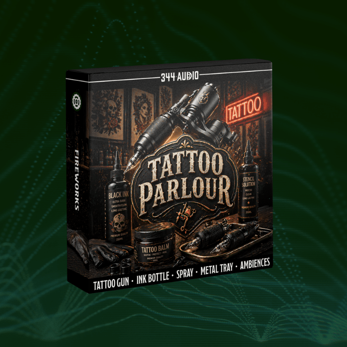 Box with "Tattoo Parlour" branding, showing tattoo gun, ink bottle, balm, gloves, and vintage decor on dark green with light waves. Text lists included items and effects.