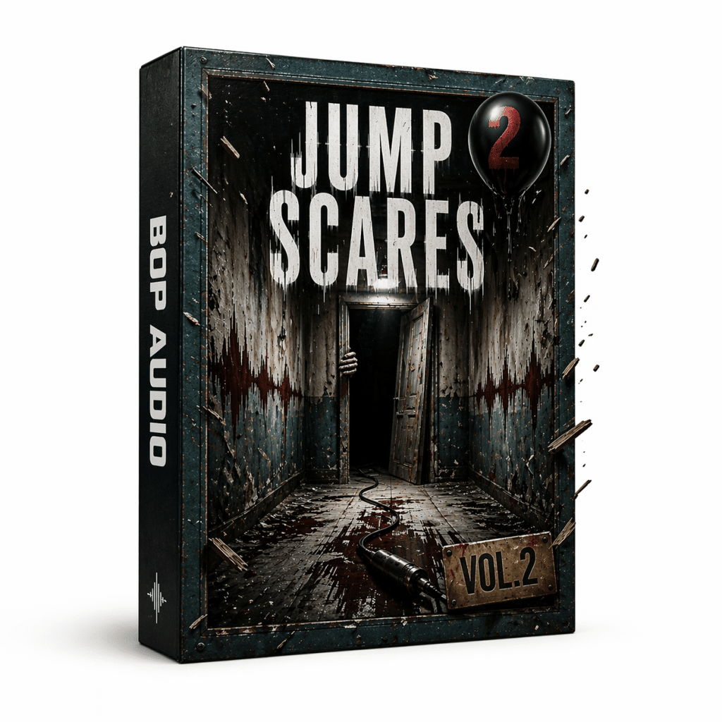 Audio box cover for "Jump Scares Vol. 2" by Bop Audio, showing a blood-stained hallway, black balloon with 2, and open door.