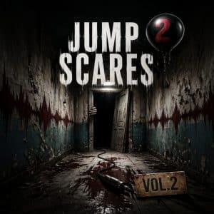 Dark, decaying hallway with peeling walls and bloodstains leads to an open door. Hand on doorframe, black "2" balloon, "JUMP SCARES" text, bloody "VOL.2" sign on floor.