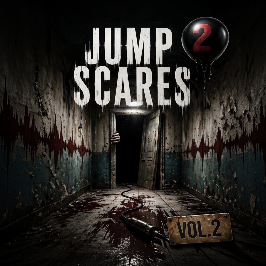 Dark, decaying hallway with peeling walls and bloodstains leads to an open door. Hand on doorframe, black "2" balloon, "JUMP SCARES" text, bloody "VOL.2" sign on floor.