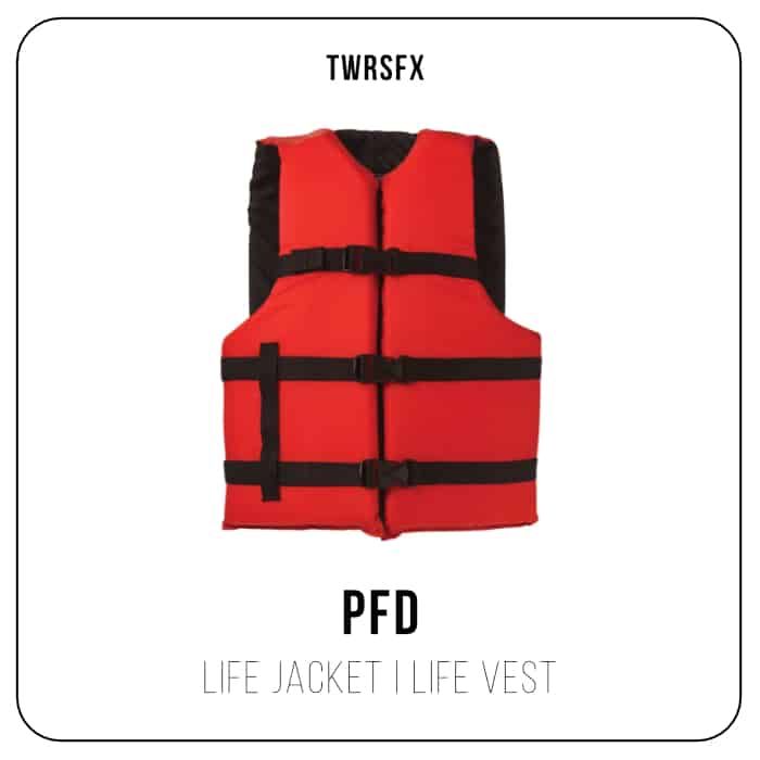 Red and black life jacket with two buckle straps on a white background. “TWRSFX” above, “PFD Life Jacket | Life Vest” below.