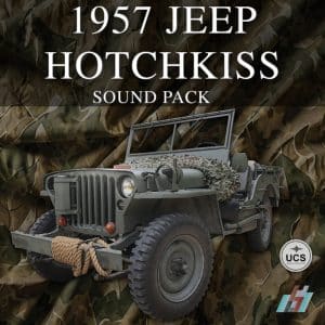 Green 1957 Jeep Hotchkiss with rope on front bumper and camouflage netting, on camo background. “1957 Jeep Hotchkiss Sound Pack” text, audio and logo icons.