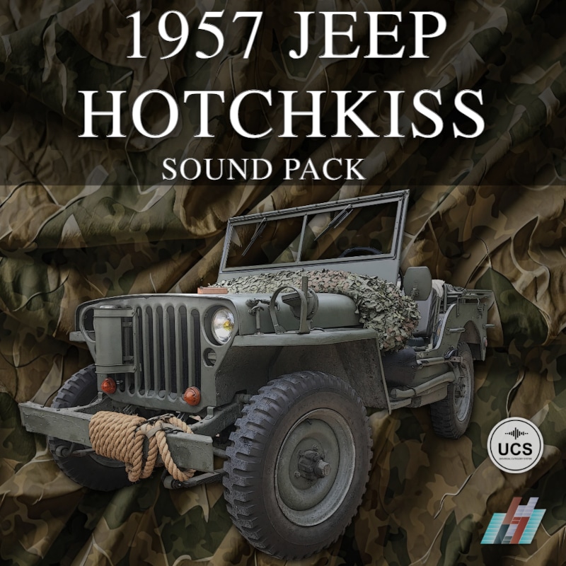 Green 1957 Jeep Hotchkiss with rope on front bumper and camouflage netting, on camo background. “1957 Jeep Hotchkiss Sound Pack” text, audio and logo icons.