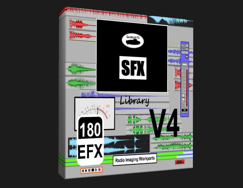 Software box labeled "SFX Library V4" with colorful sound wave graphics, audio meters, sliders, "180 EFX", and "Radio Imaging Workparts" on black background.