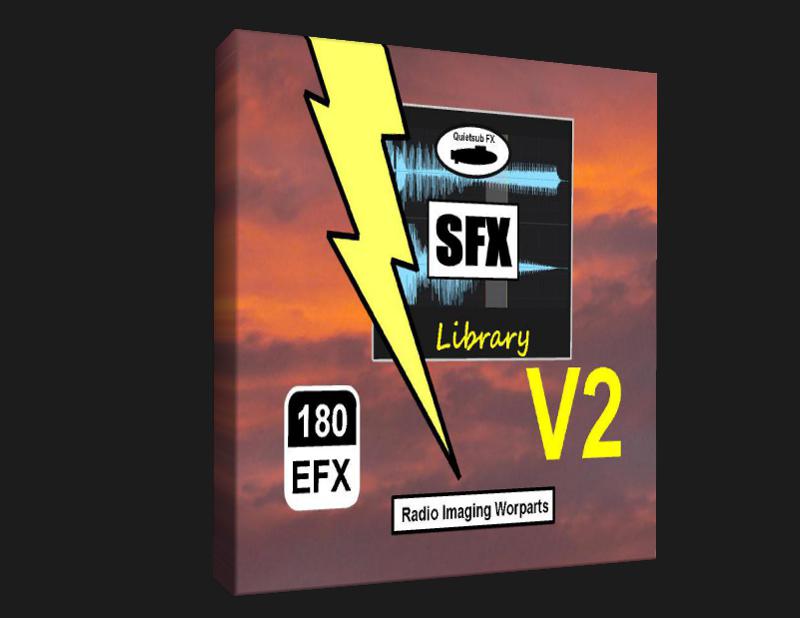 3D-rendered product box with a sunset background, large yellow lightning bolt, "SFX Library V2," "180 EFX," and waveform logo.