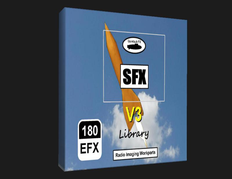 Software box featuring "SFX V3 Library" label, cloud and orange propeller graphic, "180 EFX", and "Radio Imaging Workparts" text on a blue sky backdrop.