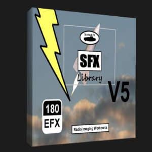 Software box labeled "SFX Library V5" with yellow lightning bolt, jet, cloud background, and text: "180 EFX," "Radio Imaging Workparts," "Quinta's FX.