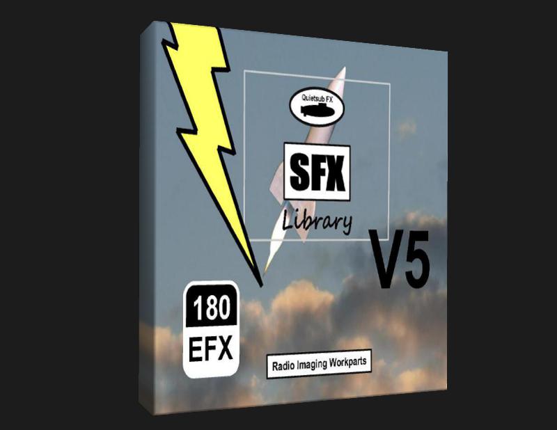 Software box labeled "SFX Library V5" with yellow lightning bolt, jet, cloud background, and text: "180 EFX," "Radio Imaging Workparts," "Quinta's FX.