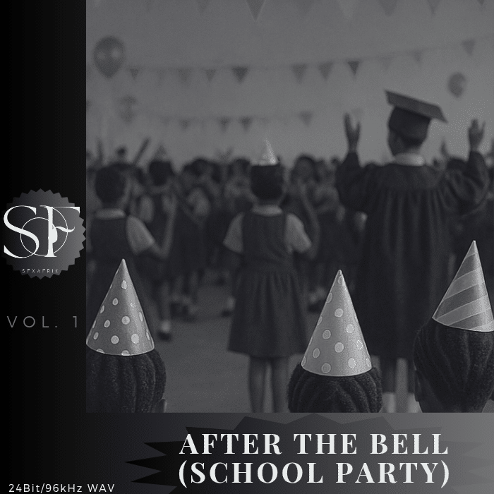 Black and white photo of children at a school party, wearing party hats and graduation caps with hands raised. "AFTER THE BELL (SCHOOL PARTY)" text appears with small print and a logo.
