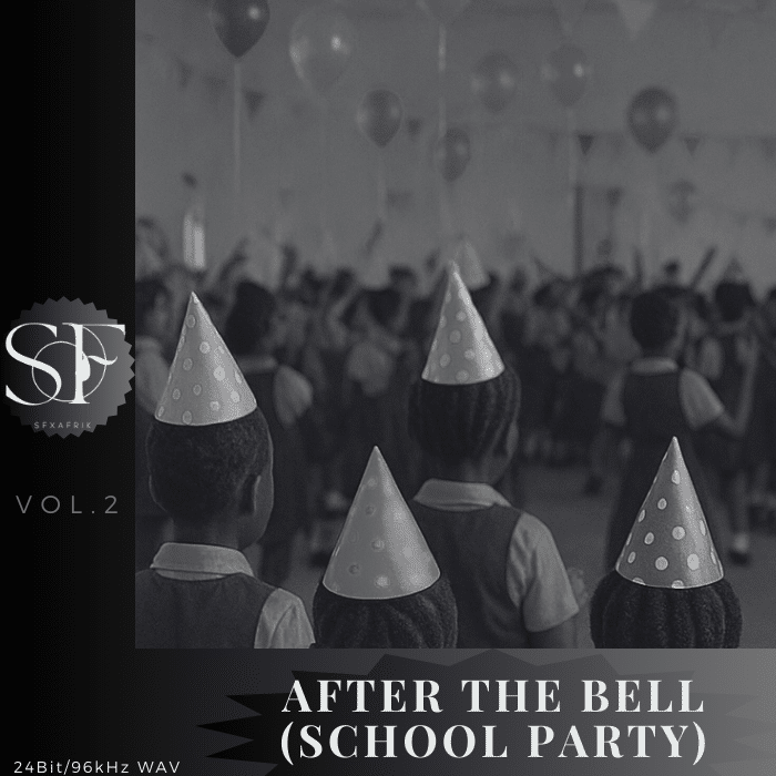 Black and white photo of children in party hats at a decorated school event with balloons. Text: “After the Bell (School Party), Vol. 2, Speakfir, 24Bit/96kHz WAV.”.