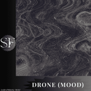 Swirling gray and white abstract patterns on a dark background, “DRONE (MOOD)” at the bottom, “24Bit/96kHz WAV” in the corner, and an SP SAFARI logo on the left.