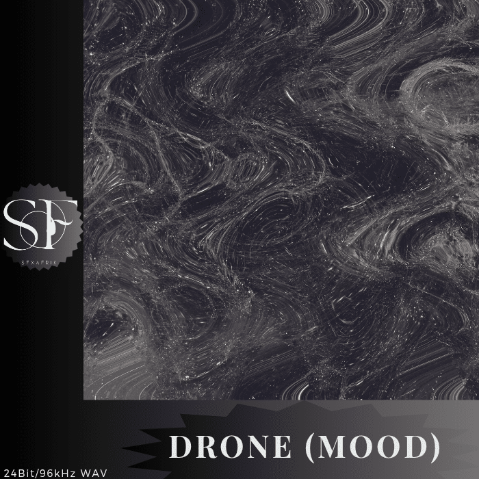 Swirling gray and white abstract patterns on a dark background, “DRONE (MOOD)” at the bottom, “24Bit/96kHz WAV” in the corner, and an SP SAFARI logo on the left.