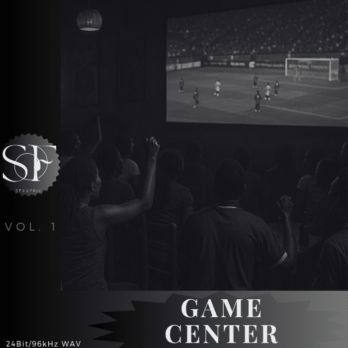 People watch a soccer match on a large screen in a dark room, some raising arms. Text: "SPAKAFIE VOL. 1 GAME CENTER" and "24Bit/96kHz WAV.