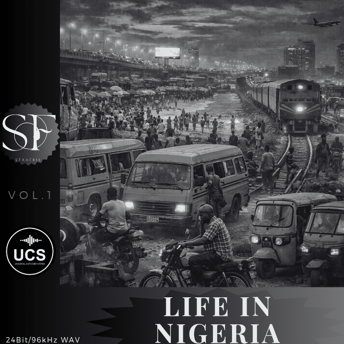 Crowded roads in Nigeria with cars, buses, auto-rickshaws, pedestrians, and a passing train; black and white; "Life in Nigeria" text.