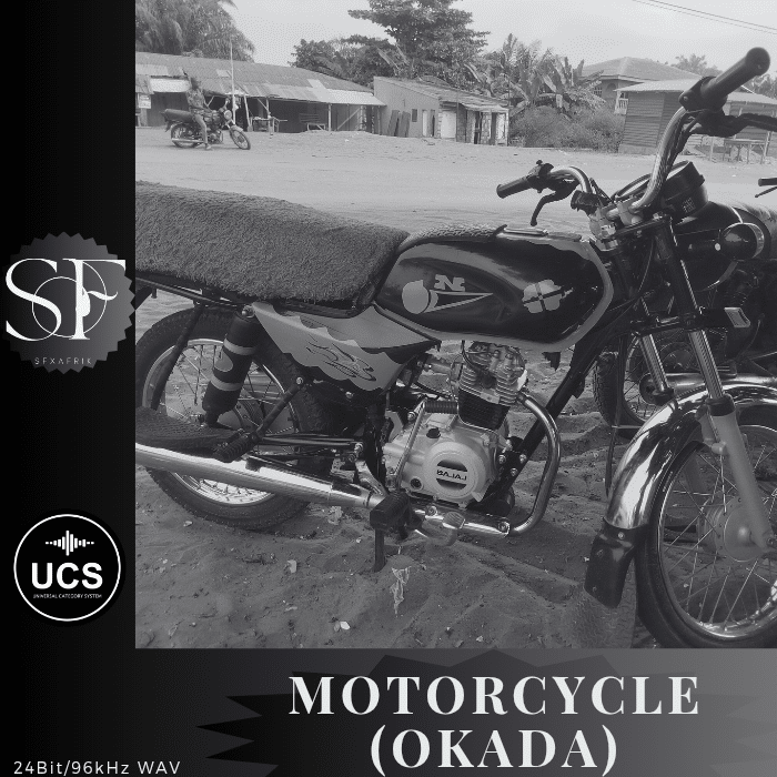 Black-and-white view of a parked motorcycle labeled "MOTORCYCLE (OKADA)" in a rural setting with buildings, trees, and corner logos.
